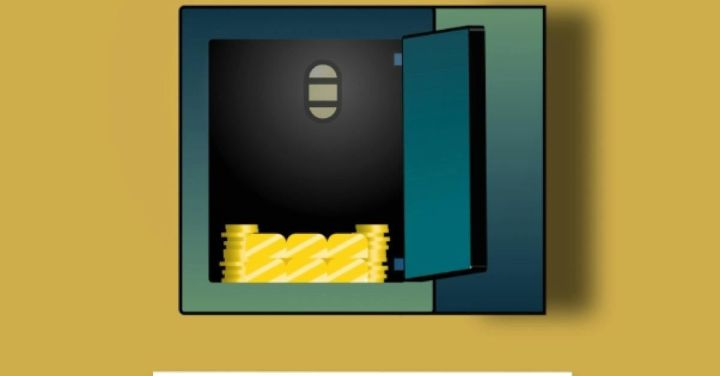 Safe Investment - Opened iron safe with stack of golden coins for savings on yellow background